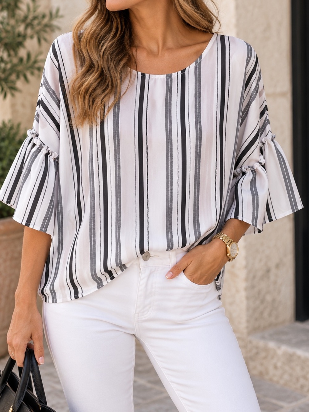 Urban Heritage Black & White Striped Ruffle Sleeve Tunic
